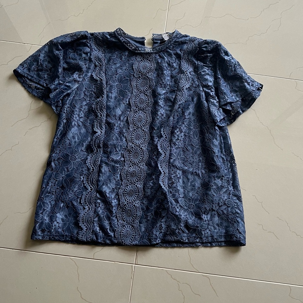 Cable & Gauge Blue Ruffled Blouse with Mandarin Collar